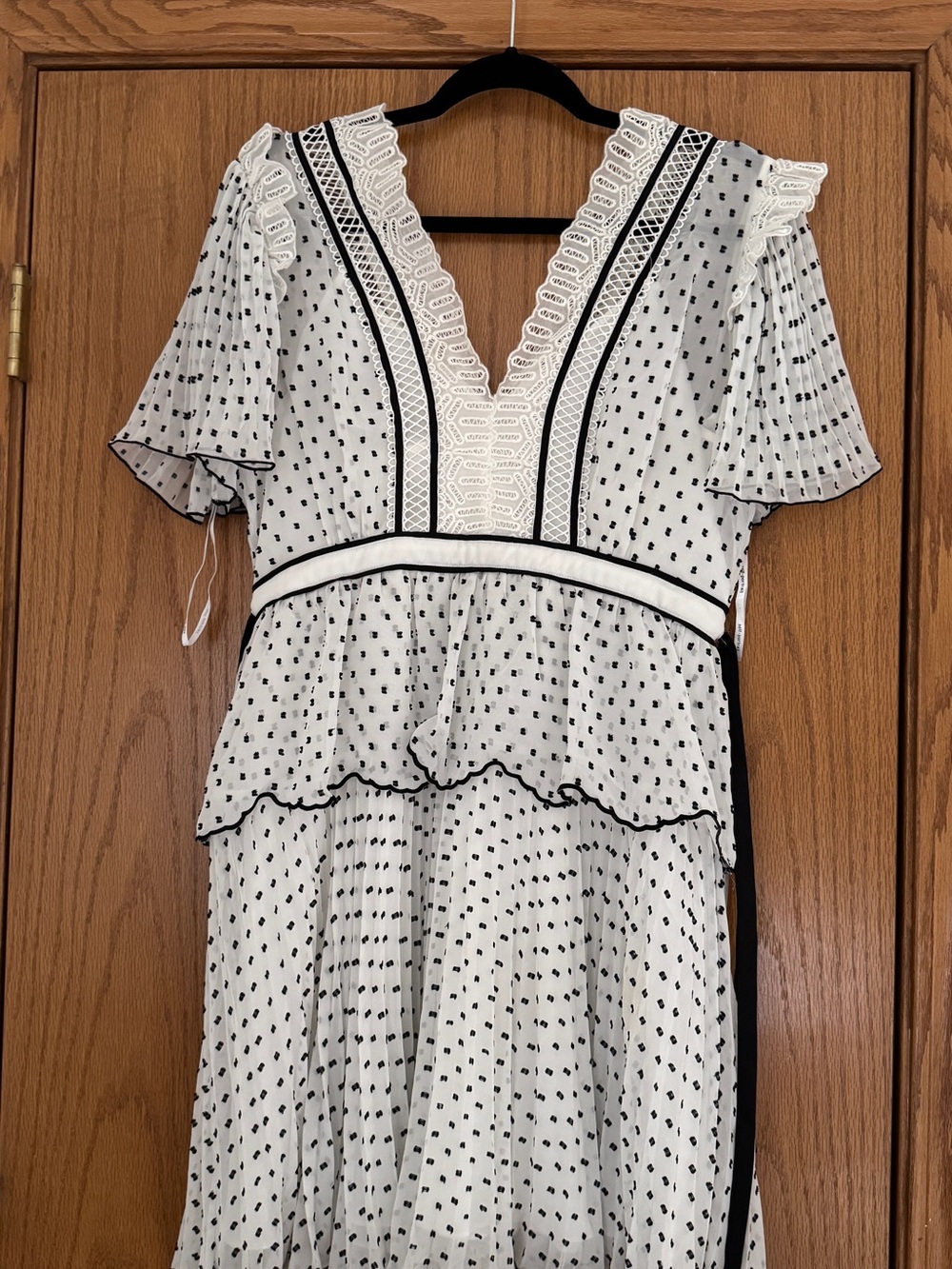 Self-Portrait White Dress with Black Polka Dot and Lace Trim